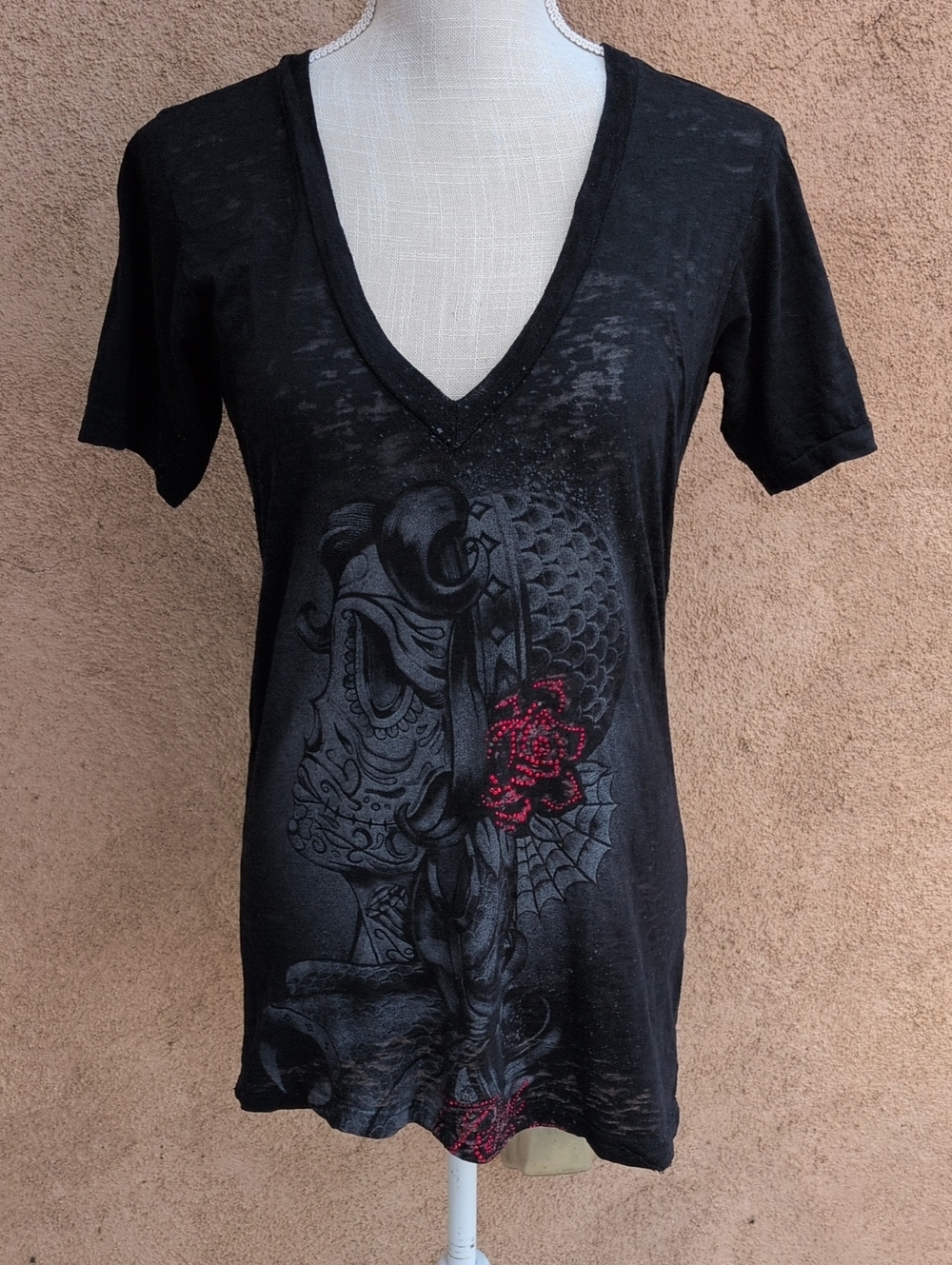 Vintage Y2K Gothic Skull Red Rhinestone Rebel Babydoll Cotton Blend USA Made Top